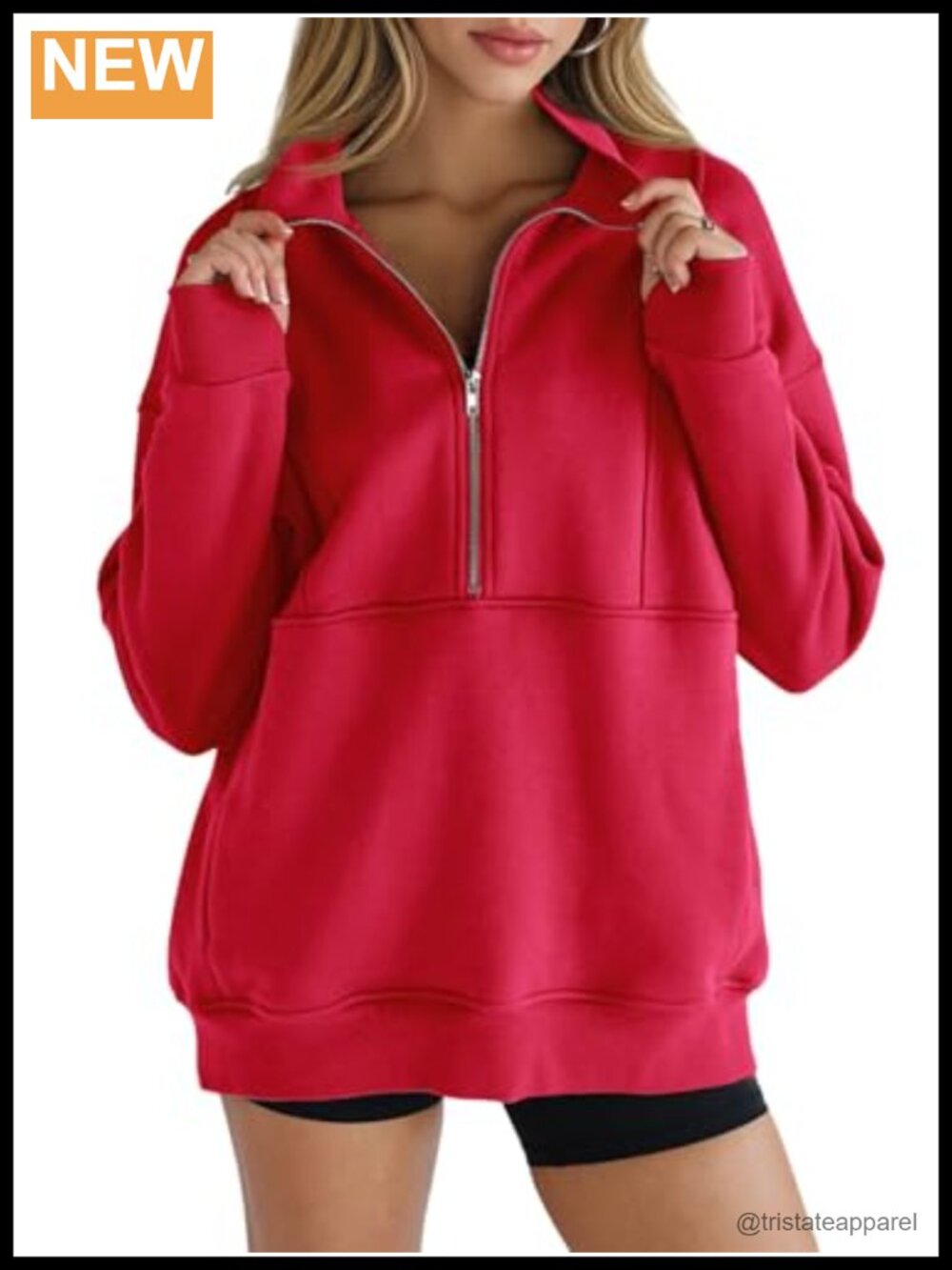 Fleece Half Zip Sweatshirt Long Sleeve Thumb Hole Oversized Pullover